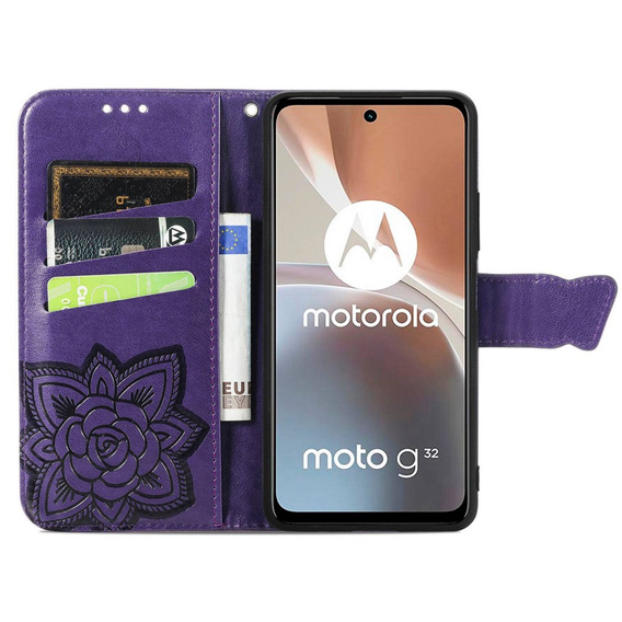 Откидной чехол для Motorola Moto G32, Butterfly, фиолетовый