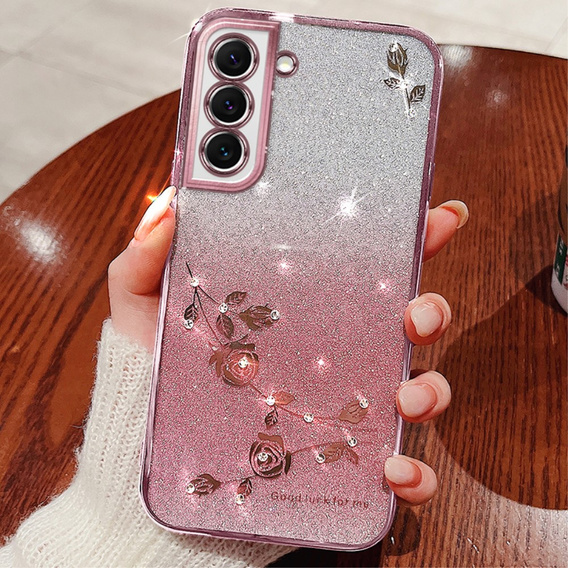 Чехол для Samsung Galaxy S22, Glitter Flower, розовый rose gold