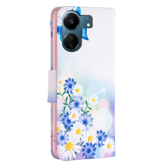 Откидной чехол для Xiaomi Redmi 13C / Poco C65, Wallet, butterfly & flowers, белый