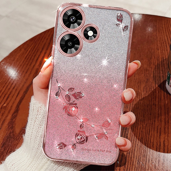 Чехол для Infinix Hot 30, Glitter Flower, розовый rose gold