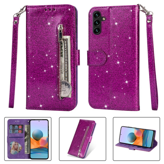 Откидной чехол для Samsung Galaxy A35 5G, Wallet Zipper Pocket Glittery, фиолетовый