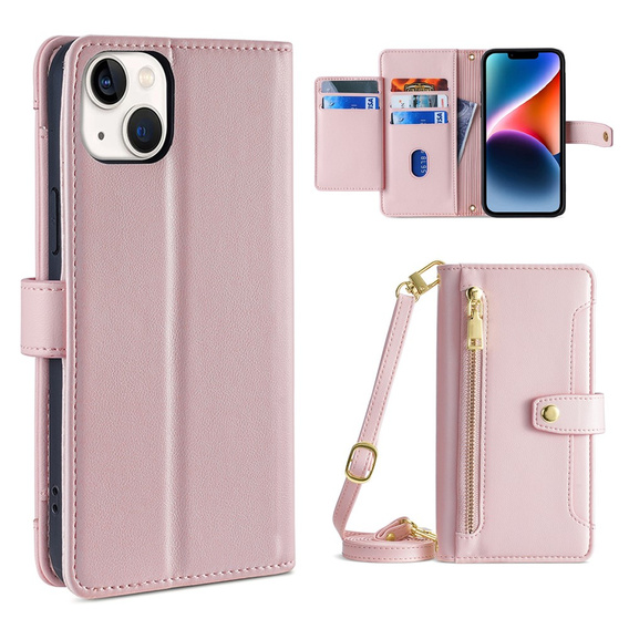 Откидной чехол для iPhone 15, Wallet Zipper Pocket, розовый