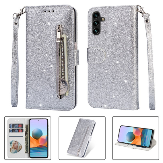 Чохол-книжка для Samsung Galaxy A35 5G, Wallet Zipper Pocket Glittery, сріблястий