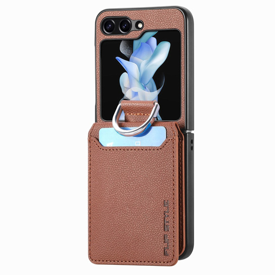 Чехол для Samsung Galaxy Z Flip6 5G, Card Slot Ring Case, коричневый