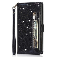 Откидной чехол для Samsung Galaxy S24, Wallet Zipper Pocket Glittery, чёрный