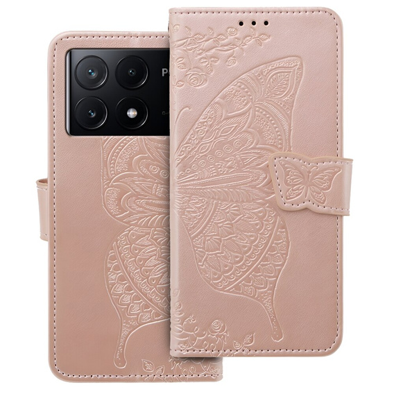 Откидной чехол для Xiaomi Poco F6 Pro, Butterfly, розовый rose gold