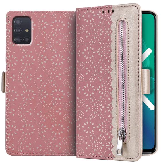 Чохол-кришка для Samsung Galaxy A51, Wallet Pocket Zipper Lace, рожевий