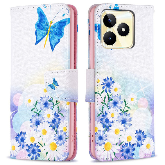 Откидной чехол для Realme C53 4G, Wallet, butterfly & flowers, белый