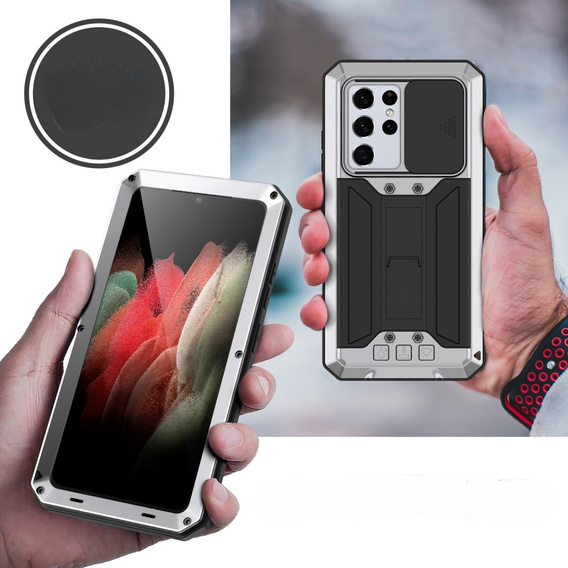 Чохол для Samsung Galaxy S21 Ultra, R-JUST CamShield Slide, броньований, сріблястий / чорний