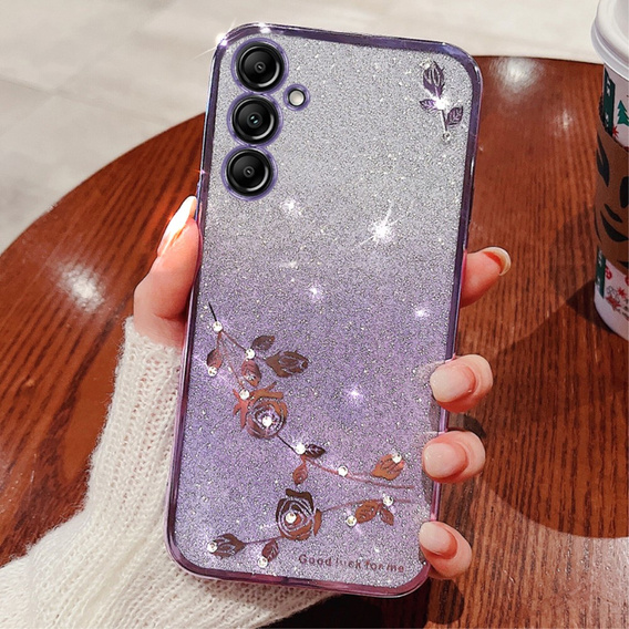 Чохол для Samsung Galaxy A15, Glitter Flower, фіолетовий  + скло 9H