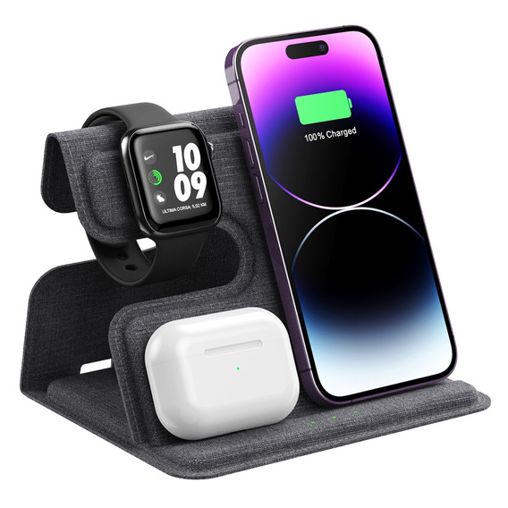 Складное индуктивное зарядное устройство QI 3in1 15 Вт для iPhone / Apple Watch / Airpods, черный