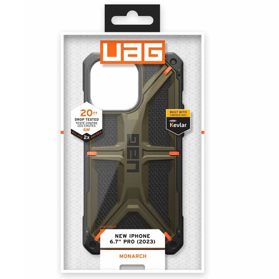 чехол Urban Armor Gear для iPhone 15 Pro Max, Monarch, Kevlar зелёный