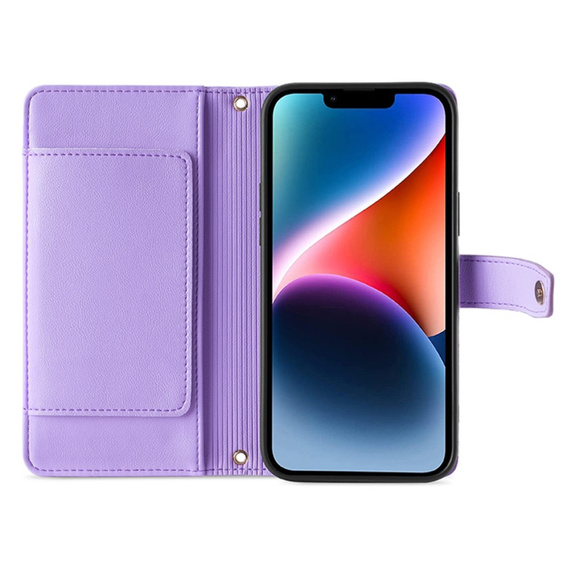 Откидной чехол для iPhone 15 Pro, Wallet Zipper Pocket, фиолетовый