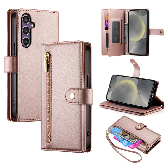 Откидной чехол для Samsung Galaxy S25+ Plus, Wallet Zipper Pocket, розовый