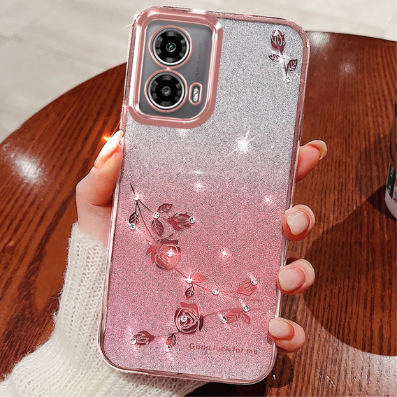 Чехол для Motorola Moto G24 / G24 Power / G04, Glitter Flower, розовый rose gold