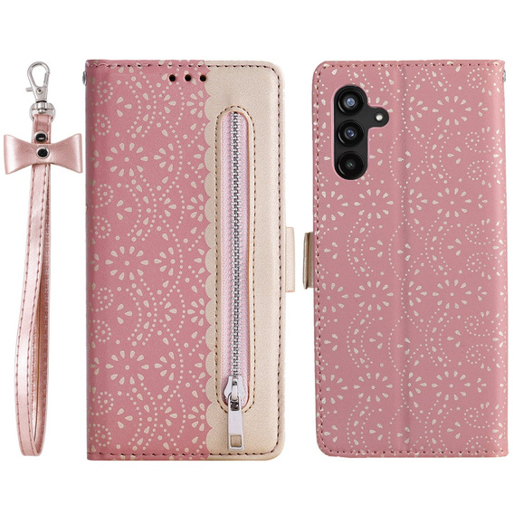 Чохол-кришка для Samsung Galaxy A14 4G/5G, Wallet Pocket Zipper Lace, рожевий