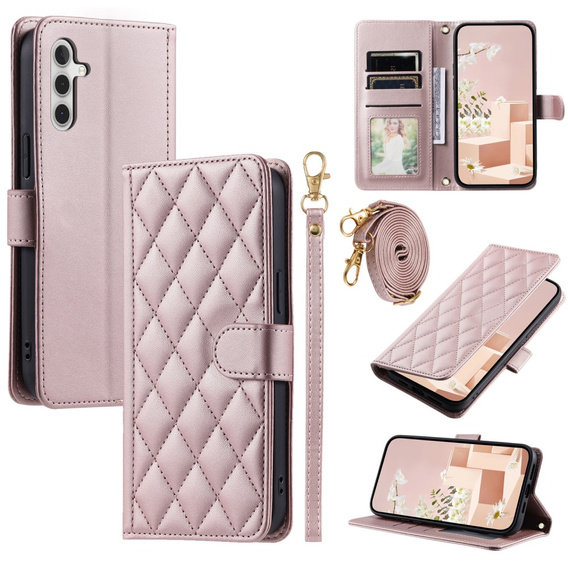 Чохол-сумка для Samsung Galaxy S25, Rhombus Crossbody Leather, рожевий rose gold