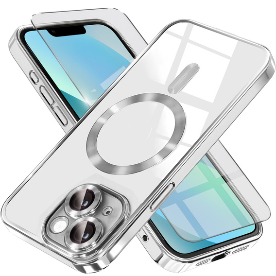 Чехол для iPhone 13, Electro MagSafe, серебряный + стекло для экрана