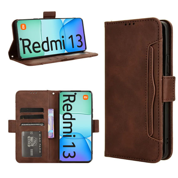 Откидной чехол для Xiaomi Redmi 13, Card Slot, коричневый