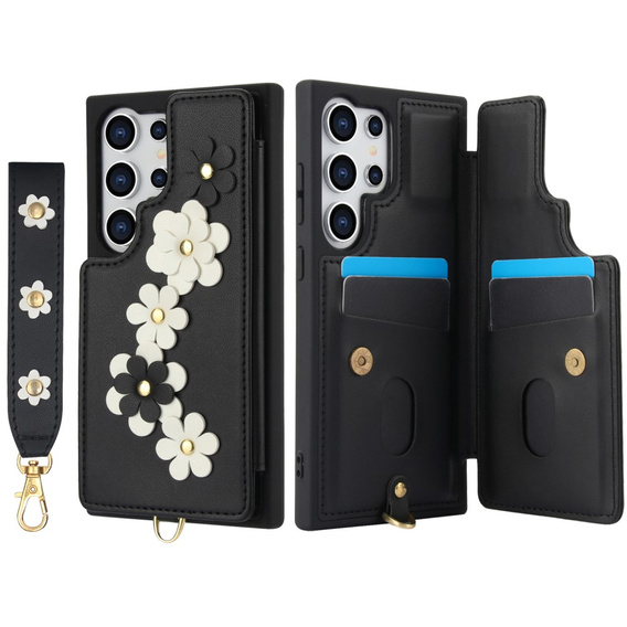 Чехол для Samsung Galaxy S25 Ultra, Leather Flower Card Slot, чёрный