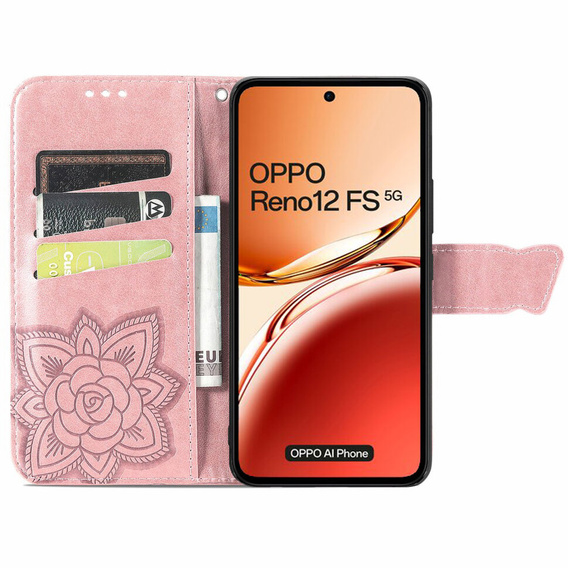 Откидной чехол для Oppo Reno 12FS / 12F, Butterfly, розовый rose gold