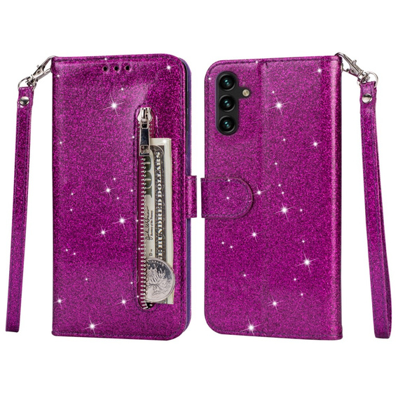 Откидной чехол для Samsung Galaxy A35 5G, Wallet Zipper Pocket Glittery, фиолетовый