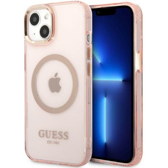 Чехол GUESS до iPhone 13, Gold Outline Translucent MagSafe, розовый