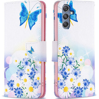 Откидной чехол для Samsung Galaxy M34, Wallet, butterfly & flowers, белый