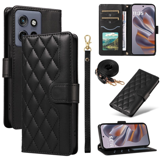 Чохол-сумка для Motorola Edge 50 Neo, Rhombus Crossbody Leather, чорний