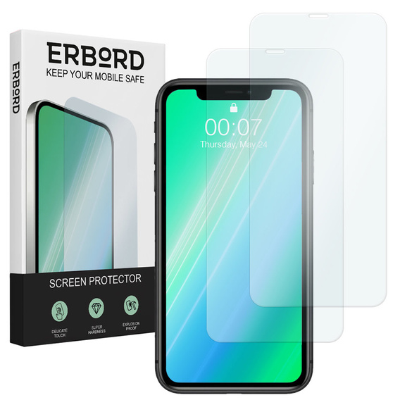 2x Закаленное стекло для iPhone 11 Pro, ERBORD 9H Hard Glass на экране