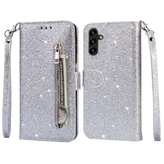 Откидной чехол для Samsung Galaxy A35 5G, Wallet Zipper Pocket Glittery, серебряный