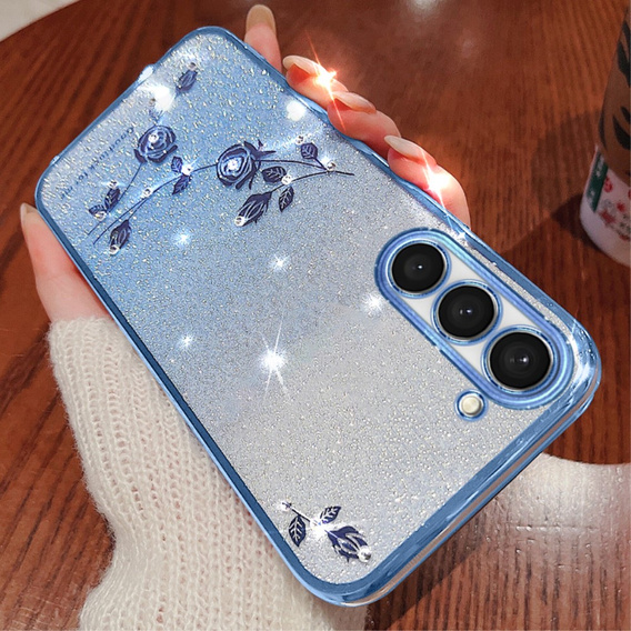 Чехол для Samsung Galaxy S23+ Plus, Glitter Flower, синий