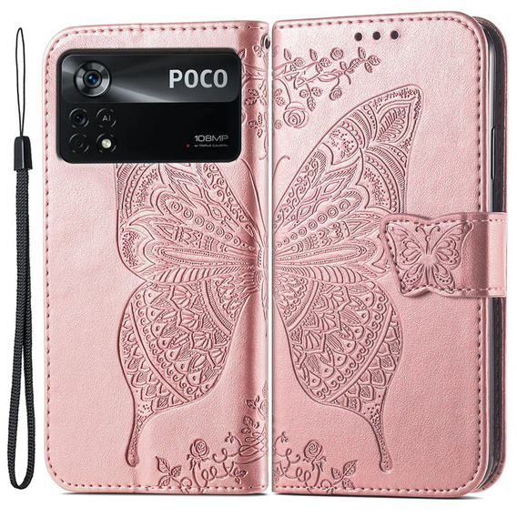 Чохол-книжка для Xiaomi Poco X4 Pro 5G, Butterfly, рожевий rose gold