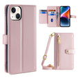 Откидной чехол для iPhone 15, Wallet Zipper Pocket, розовый