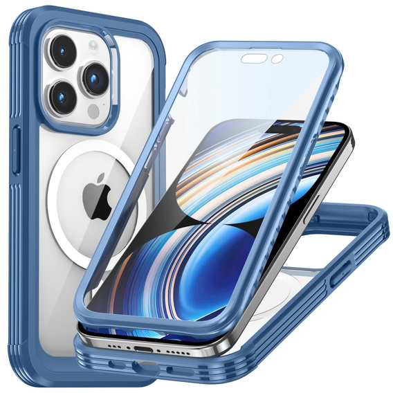 Чехол для iPhone 15 Pro Max, бронированный Full Protect 360° для MagSafe, стекло экрана, синий