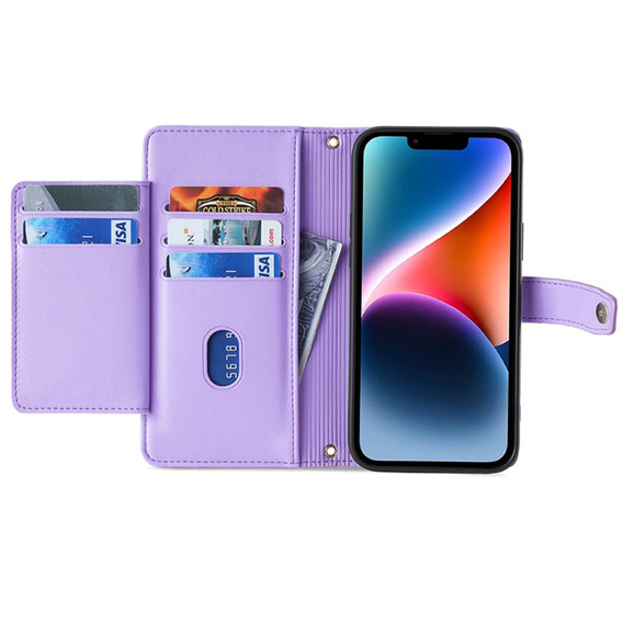 Откидной чехол для iPhone 15, Wallet Zipper Pocket, фиолетовый