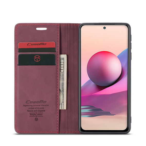 Чехол CASEME для Xiaomi Redmi Note 10 / 10S, Leather Wallet Case, бордовый