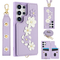 Чехол для Samsung Galaxy S24 Ultra, Leather Flower Card Slot, фиолетовый