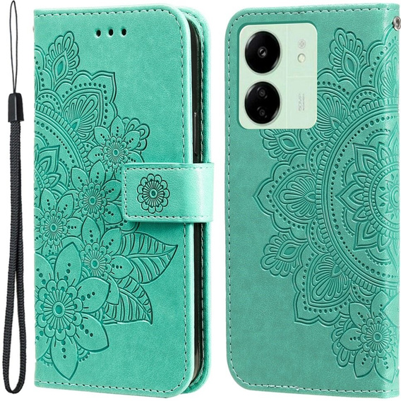 Откидной чехол для Xiaomi Redmi 13C / Poco C65, Mandala Flower, зелёный