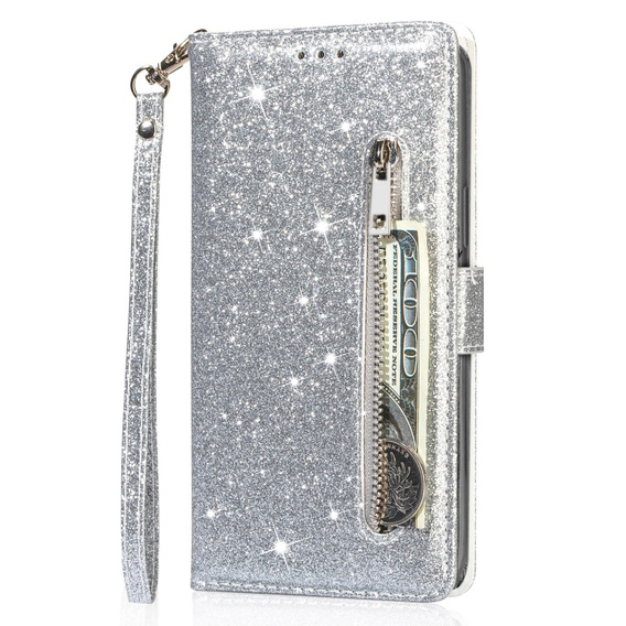 Откидной чехол для Samsung Galaxy A35 5G, Wallet Zipper Pocket Glittery, серебряный