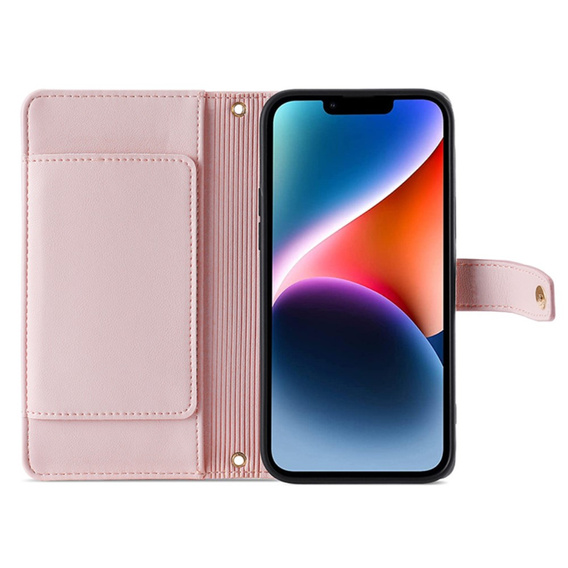 Откидной чехол для iPhone 15, Wallet Zipper Pocket, розовый