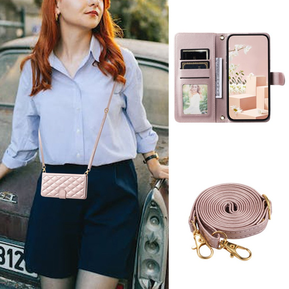 Чохол-сумка для iPhone 16 Pro Max, Rhombus Crossbody Leather, рожевий rose gold