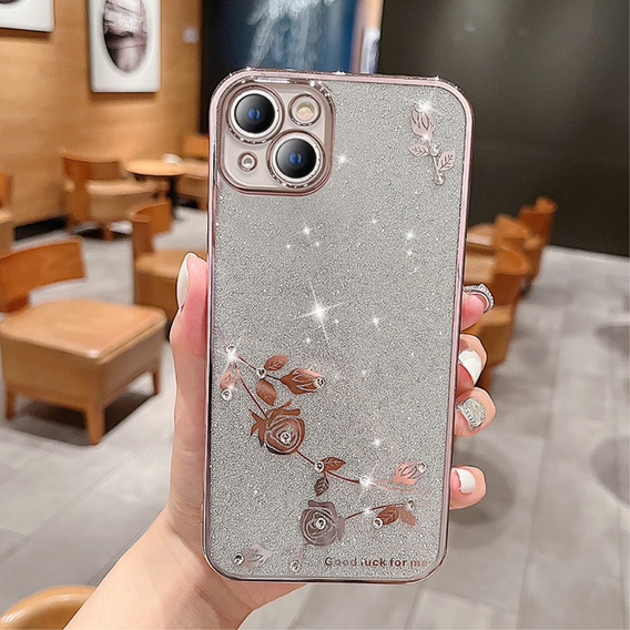 Чохол для iPhone 14 Plus, Glitter Flower, рожевий rose gold