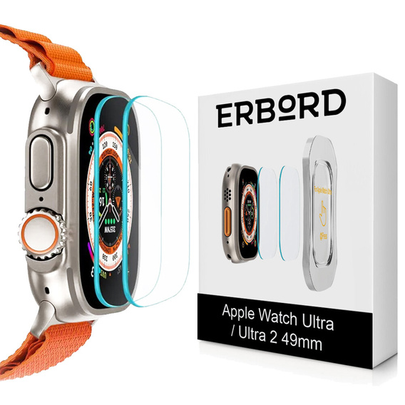 2x Загартоване скло з монтажною рамкою ERBORD для Apple Watch Ultra / Ultra 2 49 мм