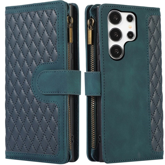 Откидной чехол для Samsung Galaxy S24 Ultra, Wallet Zipper Pocket, с плечевым ремнем, зелёный