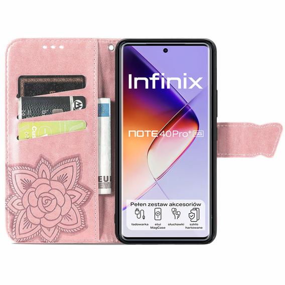 Откидной чехол для Infinix Note 40 Pro Plus, Butterfly, розовый rose gold