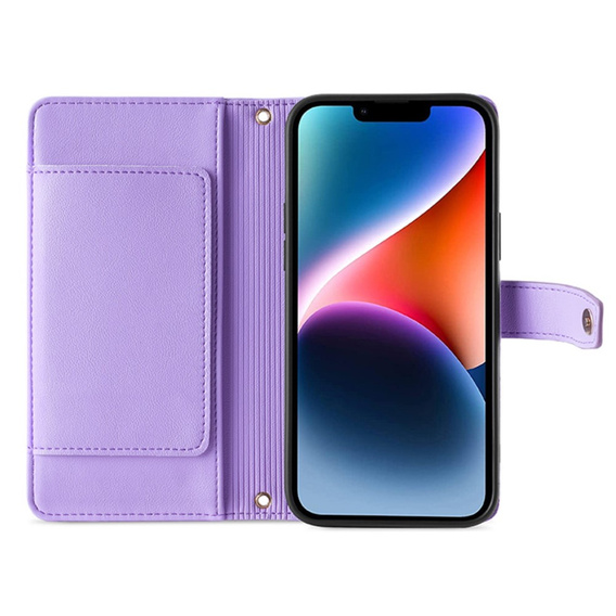 Откидной чехол для iPhone 15, Wallet Zipper Pocket, фиолетовый