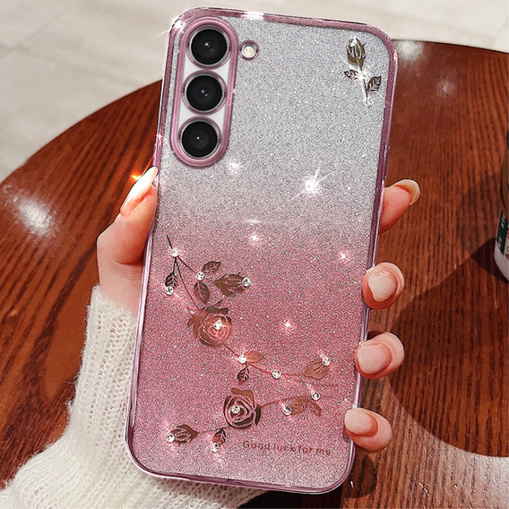 Чехол для Samsung Galaxy S23, Glitter Flower, розовый rose gold