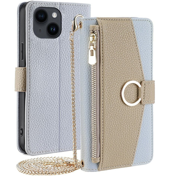 Флип-кейс для iPhone 15, Wallet Zipper Pocket, с зеркалом, синий