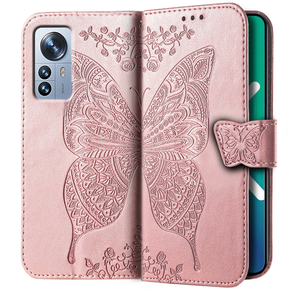 Чохол-книжка для Xiaomi 12 Pro, Butterfly, рожевий rose gold